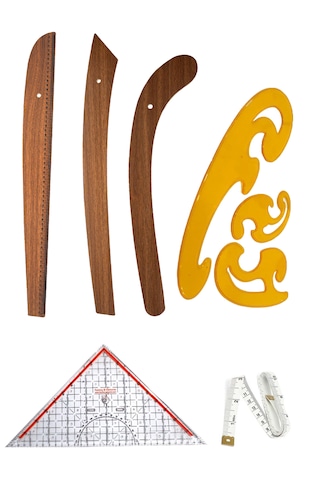6 Parça Set 3 Lü Modelist Riga Cetvel Seti, Modelist Gönyesi, Pistole Cetvel Ve 150 Cm Mezura Ahşap