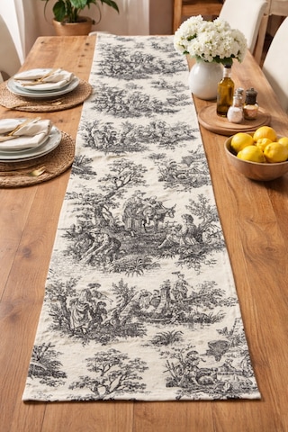 Toile De Jouy %100 Pamuk Dekoratif Masa Runner 40x110 Cm - Zt310 Siyah