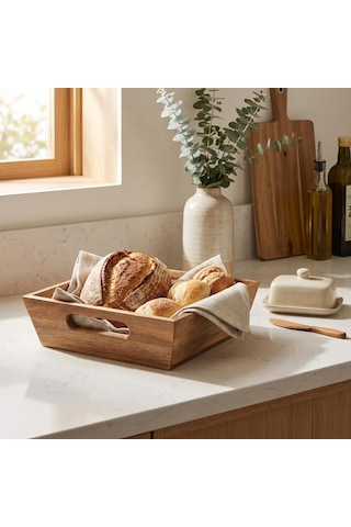 Lexroo Akasya Ekmek Sepeti 20 X 20 Cm, Kulplu Ahşap Ekmeklik, Kare Kahvaltı Ve Sunum Sepeti, Poğaça Çok Renkli