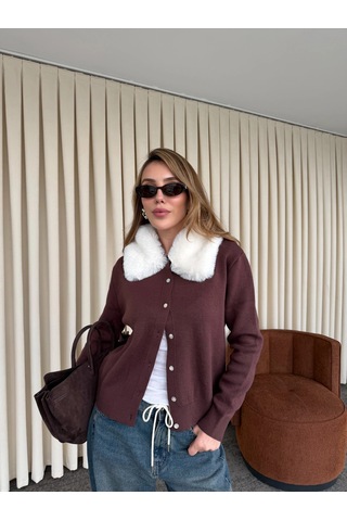 Laluvia Bordo Yakası Kürklü Hırka - 261002 Bordo