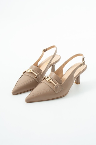 Dericia Shoes Infinity Hakiki Deri Kadın İnce Topuklu Arka Açık Ayakkabı Bej