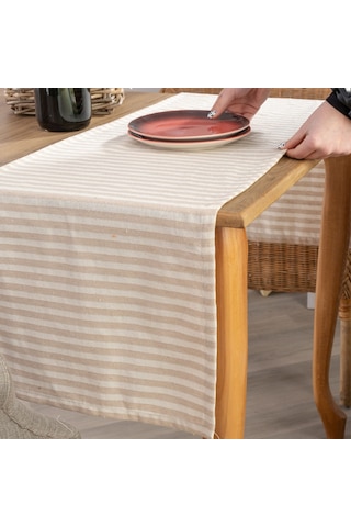 Vivamaison Sütlü Kahve Çizgili Keten Kumaş 42X150 CM Runner