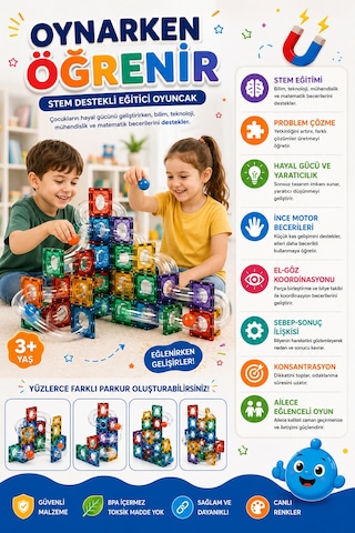 52 Parça Manyetik Karo Boru Seti Stem Eğitici Oyuncak, Bilyeli Manyetik Yapı Ve Parkur Oyuncağı, 3+ Yaş Çocuklar İçin
