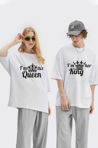 Unisex Kadın Erkek King Queen Baskılı Sevgili Çift Kombini Tasarım Oversize T-shirt 2'li Set Beyaz Mck1962 Beyaz