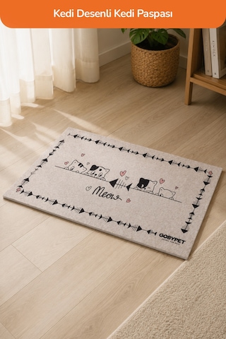Sevimli Kedi Desenli Kedi Mama ve Su Kabı Altı Paspası 53 x 31 CM