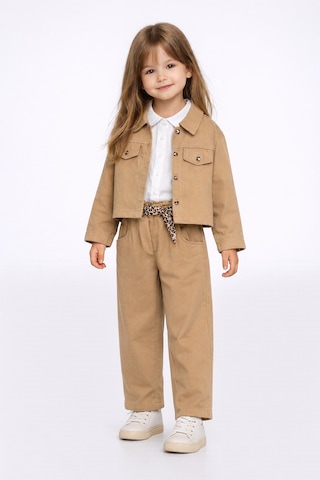 Harika Kids Kız Çocuk Gabardin Ceketli Takım Düğmeli Dokuma Gömlekli, Beli Lastikli Kemerli Pantolon 2-5 Yaş Camel