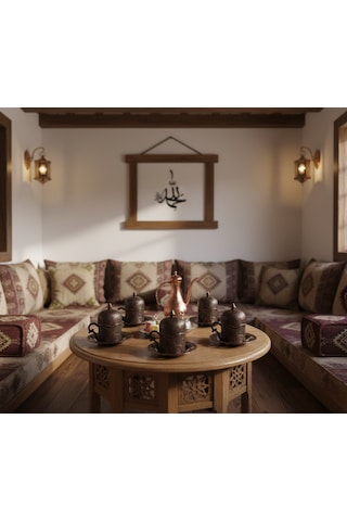 Semazen 6 Kişilik Porselenli Kapaklı Bakır Renkli 24 Parça Fincan Seti Bakır