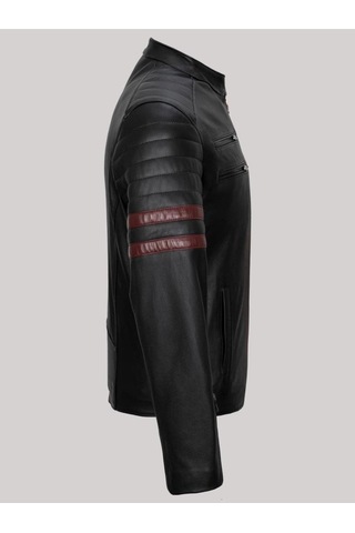 Hakiki Kuzu Derisi Siyah Erkek Deri Mont Dik Yaka Kolları Fermuarlı Deri Ceket Siyah