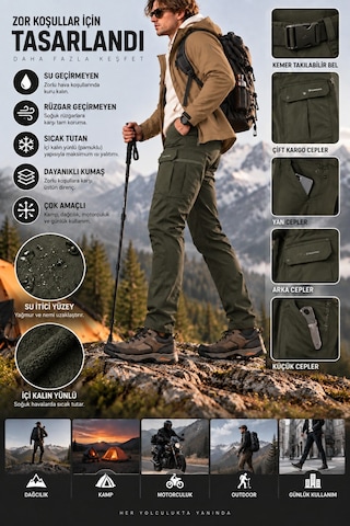 Dechers Erkek Kışlık Softshell İçi Polarlı Rüzgar, Soğuk & Su Geçirmez Taktik Pantolon - E232 Haki