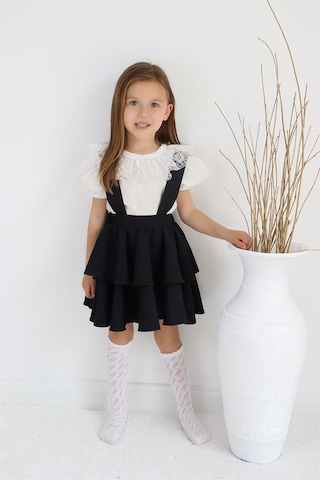 Kız Çocuk Helen Siyah Askılı Kat Kat Bağlama Jile Elbise Dantel Detay Ekru Kısa Kollu Bluz Takım