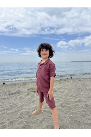 Kolları Nakışlı Gömlek Şort Keten Erkek Çocuk Takım Mürdüm Mürdüm