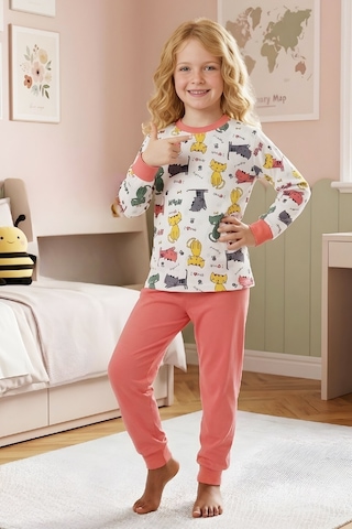 Modanino Kız ÇocukPamuk Pijama Takımı 4-11 Yaş 12628 Somon