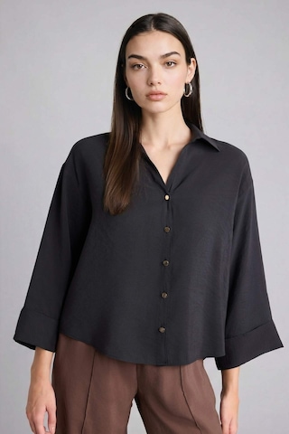 Defacto Loose Fıt Gömlek Yaka Tencel Uzun Kollu Gömlek E9007ax26spbk27 Siyah-bk27