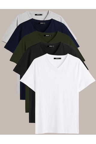 Comeor Erkek Çok Renkli T- Shirt Regular Fit Rahat Kesim V Yaka 5 Haki