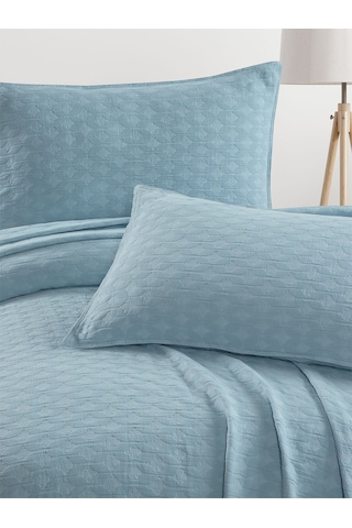 Elvira Yatak Örtüsü Seti Çift Kişilik Mavi Kutulu Açık Mavi
