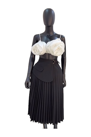 Kadınlar İçin Pileli Etekli Yüksek Bel Düzensiz Bağcıklı A Kesim Etek Siyah