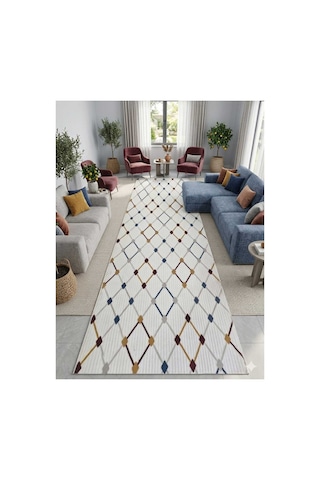 Nesrin Modern Minimalist Kafes Desenli Kaymaz Jel Taban Halı Renkli Beyaz