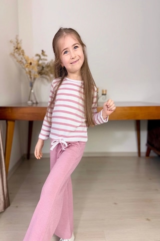 Çizgili Kız Çocuk Bol Paça Mevsimlik Pembe Renk Takım Pembe