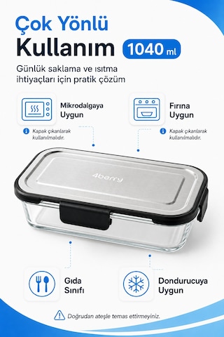 1040 Ml Kilitli Cam Saklama Kabı İnoks Kapaklı Yemek Ve Kahvaltılık Kabı Şeffaf