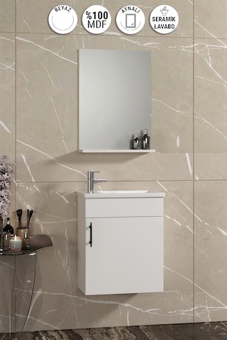 Lale 42x24 Cm Beyaz Mdf Seramik Lavabolu Asma Banyo Dolabı Takımı