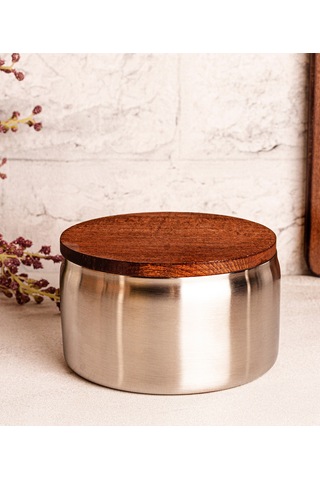 Steel&More Ahşap Kapak Çelik Çerezlik 7 Parça Sızdırmaz Saklama Kabı 12cm Gri