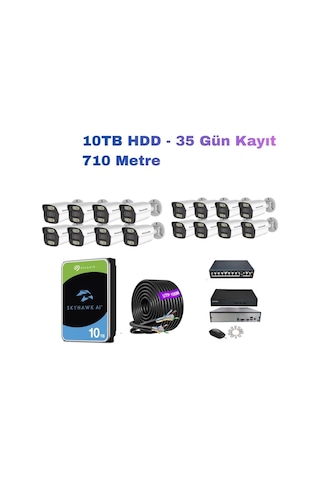 16'lı 5mp Ip Kamera Seti Poe Hikvision Nvr İç/dış Mekan Gece Görüş Ses Kayıt Mobil İzleme 10tb Hdd 710 Metre Kablo Full Set