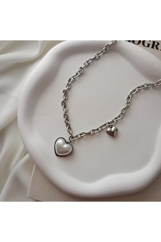 Lente Aksesuar Silver Renk Bombeli Sedefli Kalp Kolye Silver