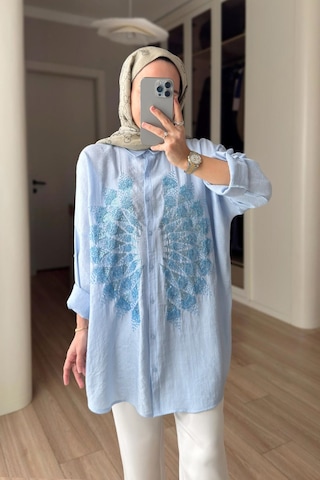 Kahijab Rose Boncuk İşlemeli Gömlek - Mavi