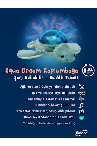 Pabobo Aqua Dream Kaplumbağa Sesli Projektör Su Altı Efektli Gece Lambası, Ağlama Sensörlü, Usb-c Şarjlı, Ninni & Beyaz Gürültülü Bebek Uyku Yardımc