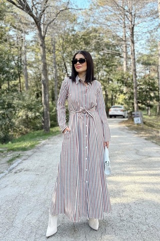 Kadın Kiremit & Ekru Çizgili Uzun Kol, Rahat Beli Kemerli, Cepli, Keten, Maksi Gömlek Elbise Kiremit