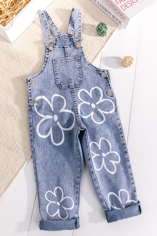 Baby Mod Çiçek Baskılı Denim Kız Çocuk Salopet Kot Tulum Mavi