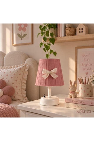 Gül Kurusu Pembe Keten Kumaş Kız Çocuk Odası Pilli Masa & Gece Lambası Çok Renkli