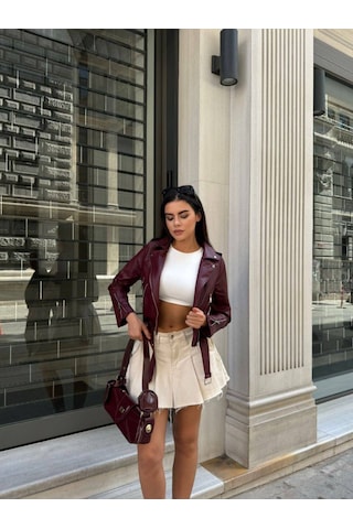 Kadın Kısa Crop Suni Deri Biker Ceket Bordo Bordo