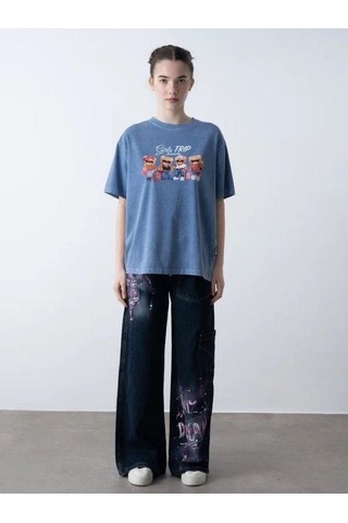 Zekids Kız Çocuk Ayıcık Baskılı Oversize T-shirt-15808 Mavi