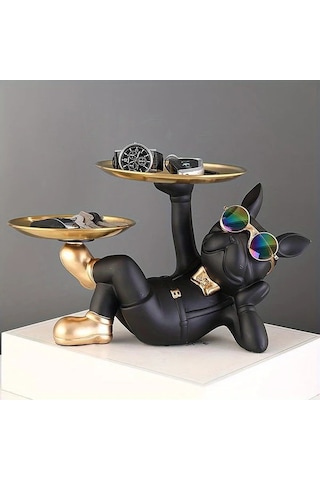 Honeybeeshop Siyah French Bulldog Dekoratif Figür İki Tepsili Masaüstü Organizatör Anahtarlık Aksesuar Hediyelik