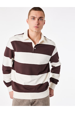 Koton Uzun Kollu Rahat Kalıp Çizgili Düğmeli Polo Yaka Sweatshirt Bordo Çizgili 7wam70058mk