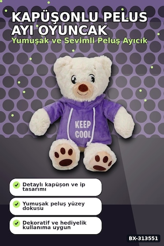 Bay Renkli Kapüşonlu Sweatshirt Giyen 30 Cm Peluş Ayı Oyuncak Hediyelik Bx-313551 Najmaddin