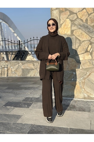 Olla Collection Üçlü Triko Takım Kahverengi Kahverengi