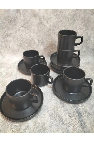 Keramika 8 Cm Stackable Çay Fincanı Mat Siyah 6 Kişilik Mat Siyah