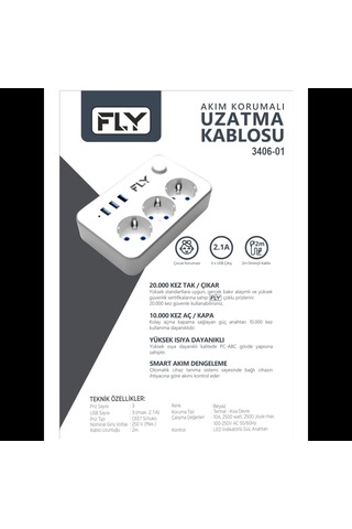 Fly 3406-01, 3 Soket, 3 Usb, Akım Korumalı Priz, 2.1a, Anahtarlı, 2mt Kablo, Beyaz