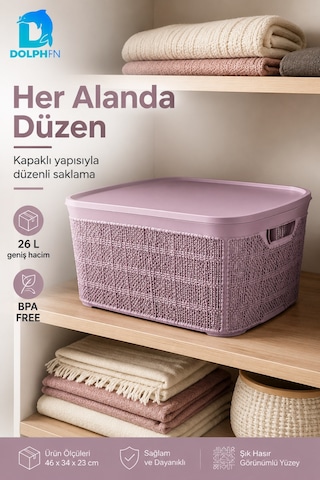 Jute Çok Amaçlı Sepet 3 Lü Set 1,5 L 2,5 L 5 L Plastik Mutfak Banyo Dolap İçi Düzenleyici Mor
