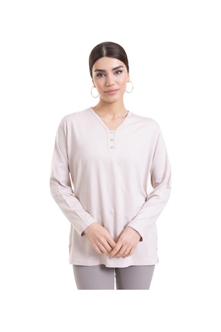 Kadın Orta Yaş ve Üzeri Dört Mevsim V Yaka Rahat Kalıp Likralı Viskoz Anne Penye Bluz 140-Krem Rengi Krem