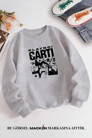 Macklin Unisex Kadın Erkek Playboi Carti Özel Tasarım Baskılı Bisiklet Yaka Sweatshirt Gri Mck1307 Gri