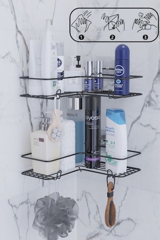 Suntel Yapışkanlı Paslanmaz Banyo Düzenleyici Köşe Rafı 2 Adet Siyah