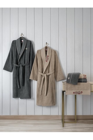 Cotton Box Folkart Aile Bornoz Seti Yamka Bej Antrasit Antrasit