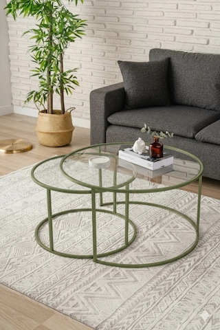 Belarus Orta Sehpa - Mint Yeşili 80cm Şeffaf Camlı İkili Dekoratif Sehpa Mint Yeşil