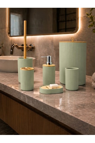 6 Lı Banyo Seti Sabunluk Diş Fırçalık Sıvı Sabunluk Çöp Kovası Tuvalet Fırçası Organizer Yeşil