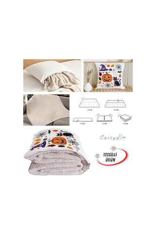 Cadılar Bayramı Temalı Nakışlı Efekt Baskılı Tv Battaniyesi Olabilen Dekoratif Yastık Battaniye Çok Renkli