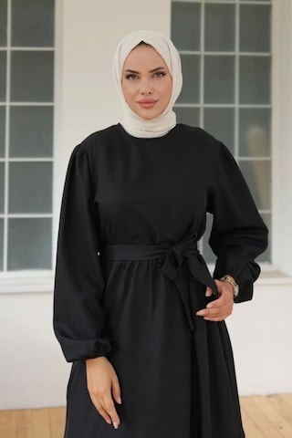 Defymoda Kadın Uzun Kol Bisiklet Yaka Belden Bağlamalı Elbise Siyah