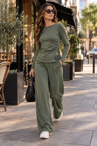 Moda Banuş Modal Kumaş Bol Paça Haki Rahat Eşofman Takımı Yeşil Yeşil